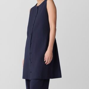 -NWT Eileen Fisher Long Vest  Organic Cotton Pucker Tie Navy Blue Vest Size XL